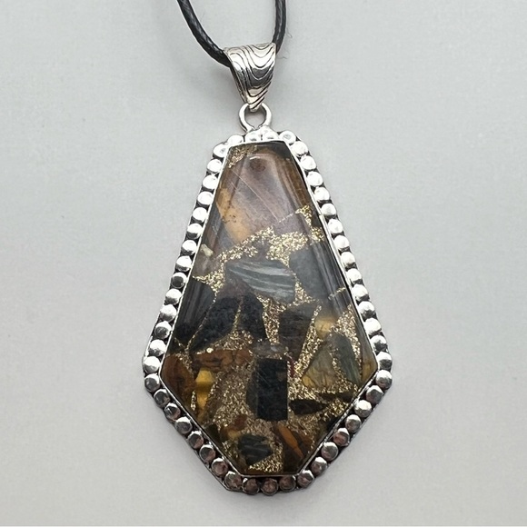New Large Tigers Eye Stone Copper Acrylic Coffin Shaped Silver Overlay Pendant - Picture 6 of 6